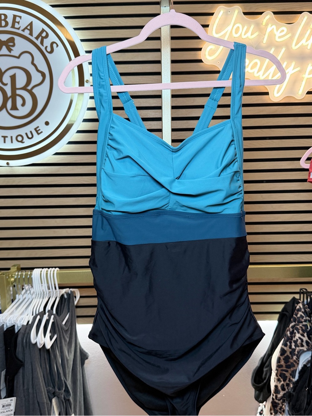 BloomChic Teal and Black Colorblock One-Piece Swimsuit